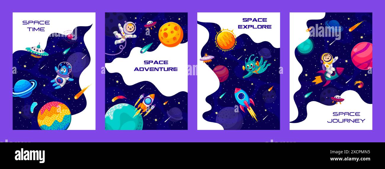 Viaggio spaziale e galassia Esplora i poster con personaggi, razzi e pianeti dei bambini dei cartoni animati alieni e astronauti. Esplorazioni e scoperte spaziali, manifesti vettoriali di viaggio all'esterno con UFO e razzi Illustrazione Vettoriale