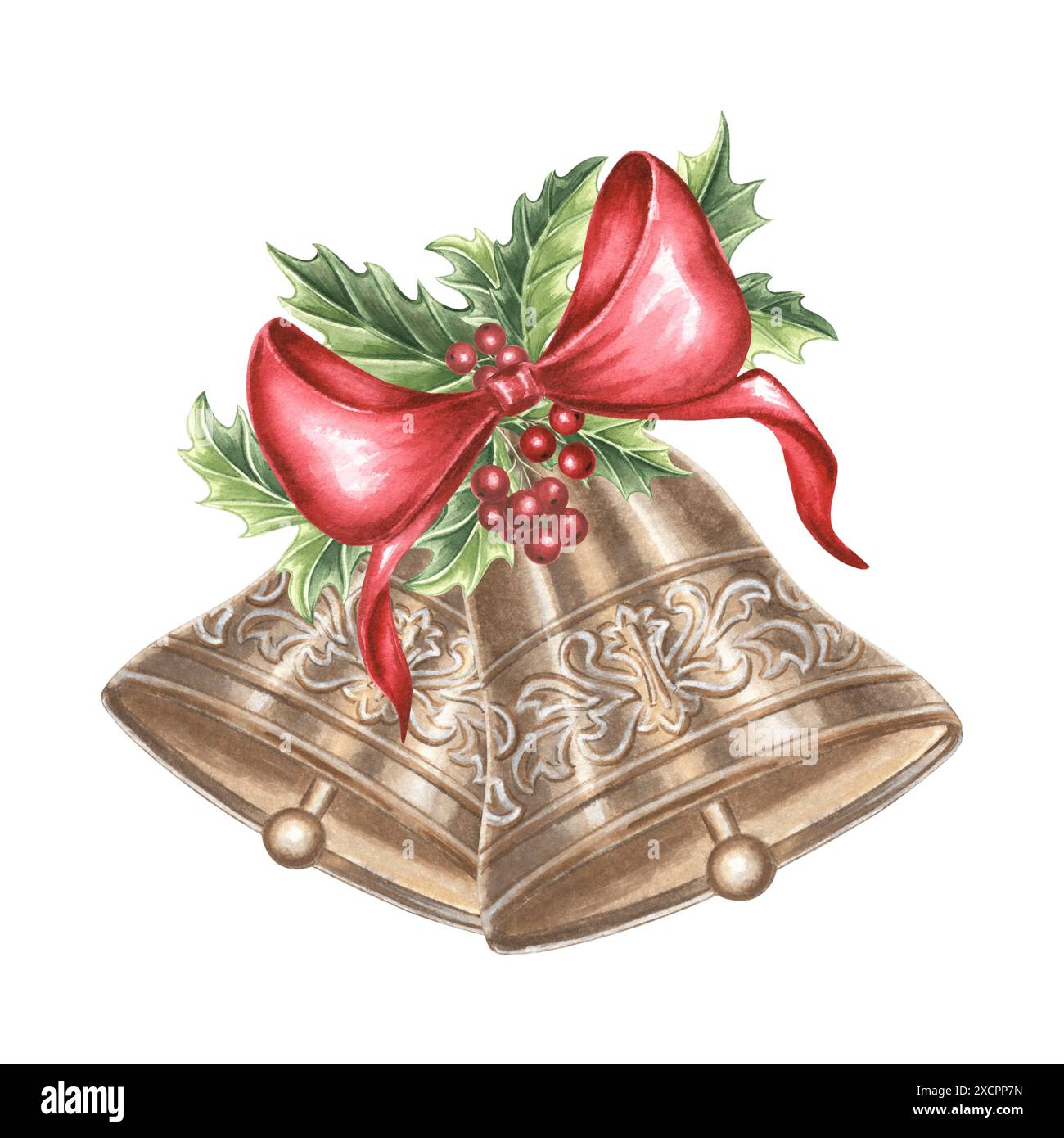 Campane in bronzo ornate con fiocco di seta rossa e holly. Decorazioni natalizie d'epoca. Illustrazione ad acquerello disegnata a mano, design delle festività. Modello isolato Foto Stock