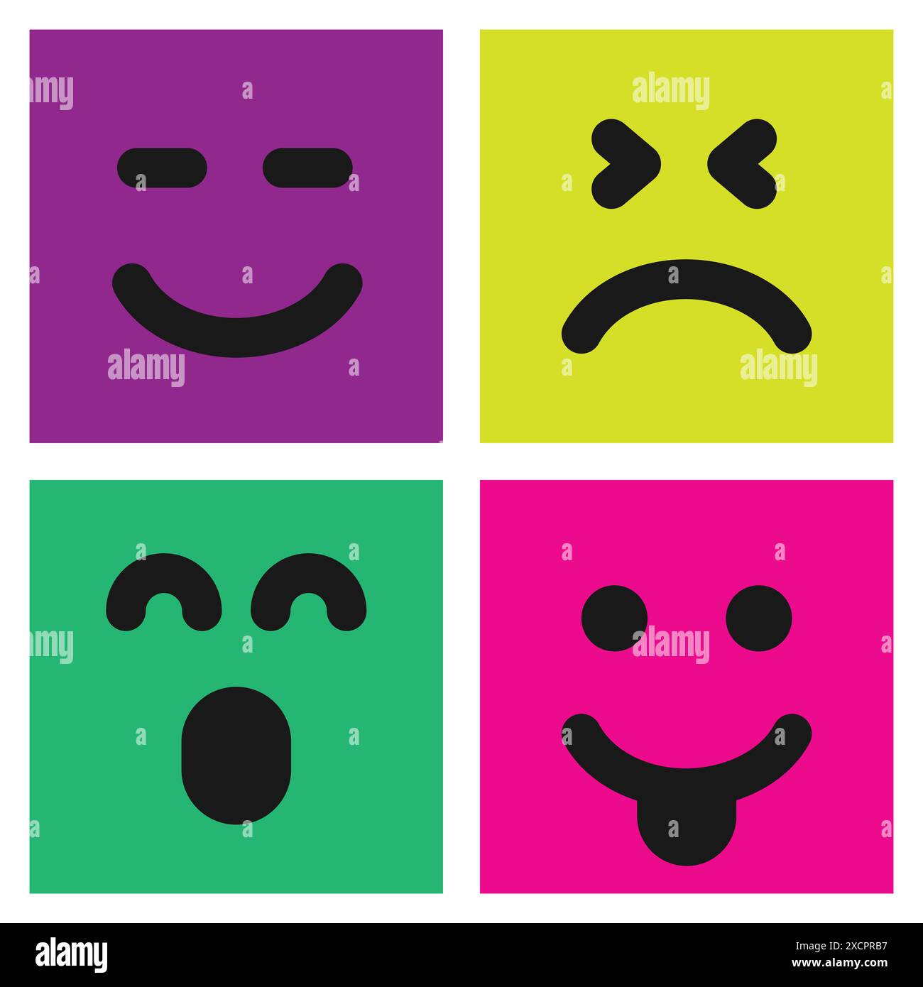 Set di quattro emoticon colorate con volti sorridenti, spaventati e insoddisfatti. Icona emoji nel quadrato. Ripetizione di sfondo piatta. Illustrazione vettoriale Illustrazione Vettoriale