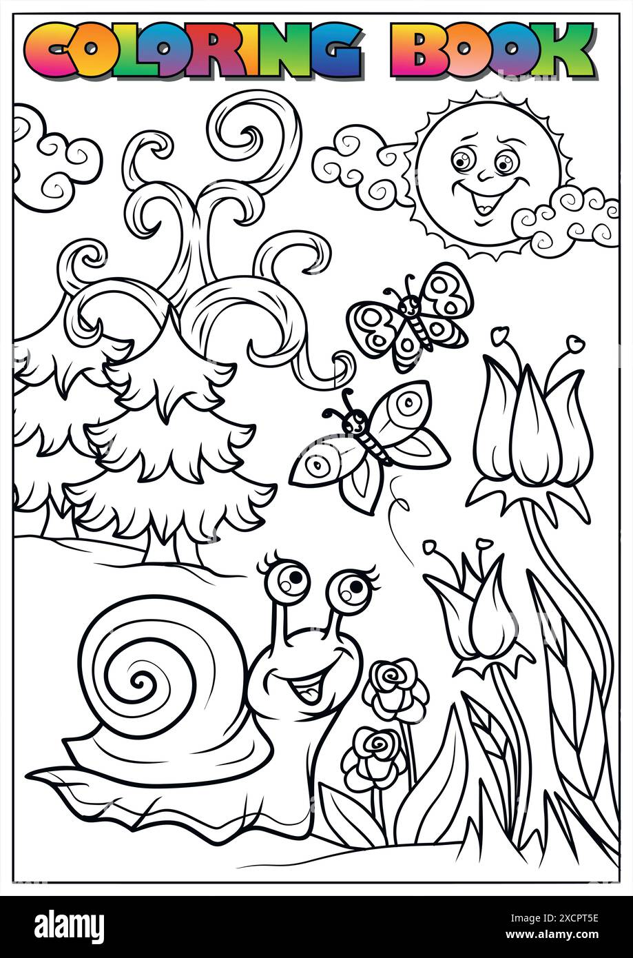 Lumaca felice strisciare nella pagina di colorazione del giardino per i bambini con alberi da sole e fiori Illustrazione Vettoriale Lumaca felice strisciare nella pagina di colorazione del giardino per i bambini con alberi da sole e fiori Illustrazione Vettoriale
