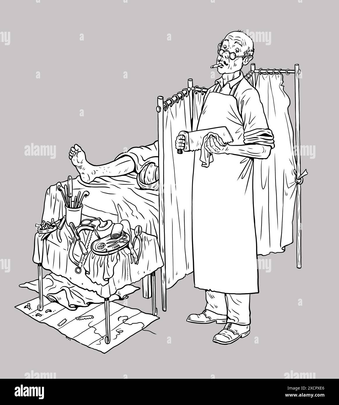 Disegnare con il chirurgo dopo l'operazione. Storia della medicina. Foto Stock