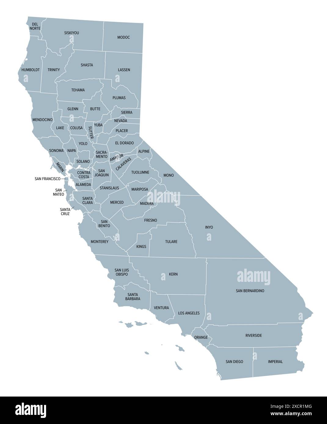 Contee dello stato della California, mappa politica grigia. Stato della California degli Stati Uniti suddiviso in 58 contee. Foto Stock