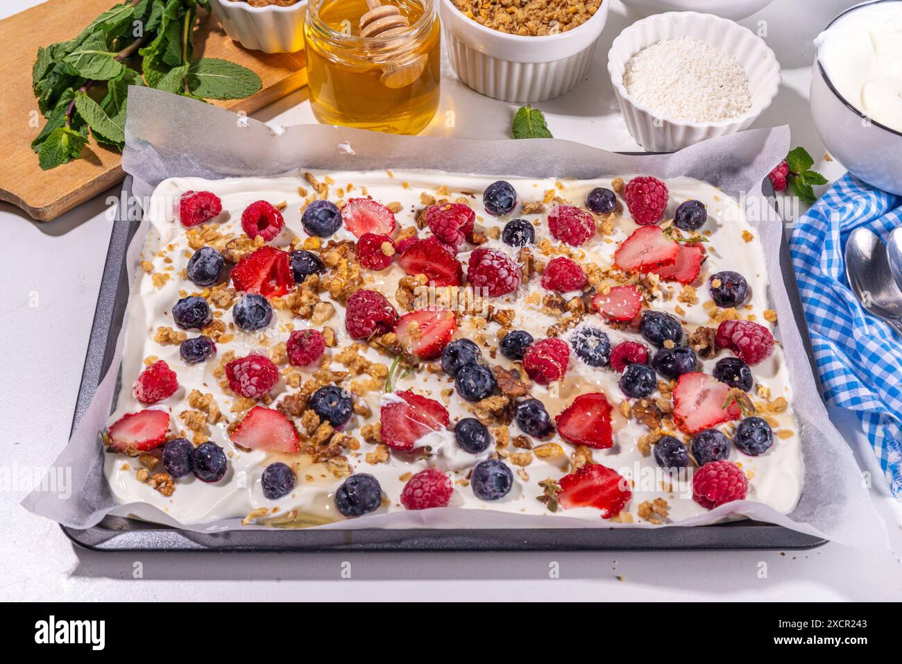 Preparazione della cottura con sfondo di corteccia di yogurt congelato con yogurt greco, bacche fresche, muesli, miele, salsa al cioccolato, con vassoio da forno deco. Vista dall'alto della donna Foto Stock