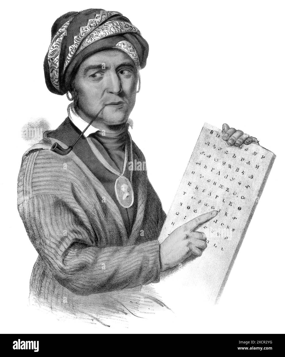 Sequoyah (c1770-1843), figlio di una donna Cherokee e commerciante di pellicce della Virginia, fu un guerriero, cacciatore e argentiere che per dodici anni lavorò per ideare un metodo di scrittura per la lingua Cherokee. (Da una litografia colorata a mano, 1837, dopo un precedente ritratto di Charles Bird King che fu distrutto nell'incendio del castello di Smithsonian del 1865.) Foto Stock