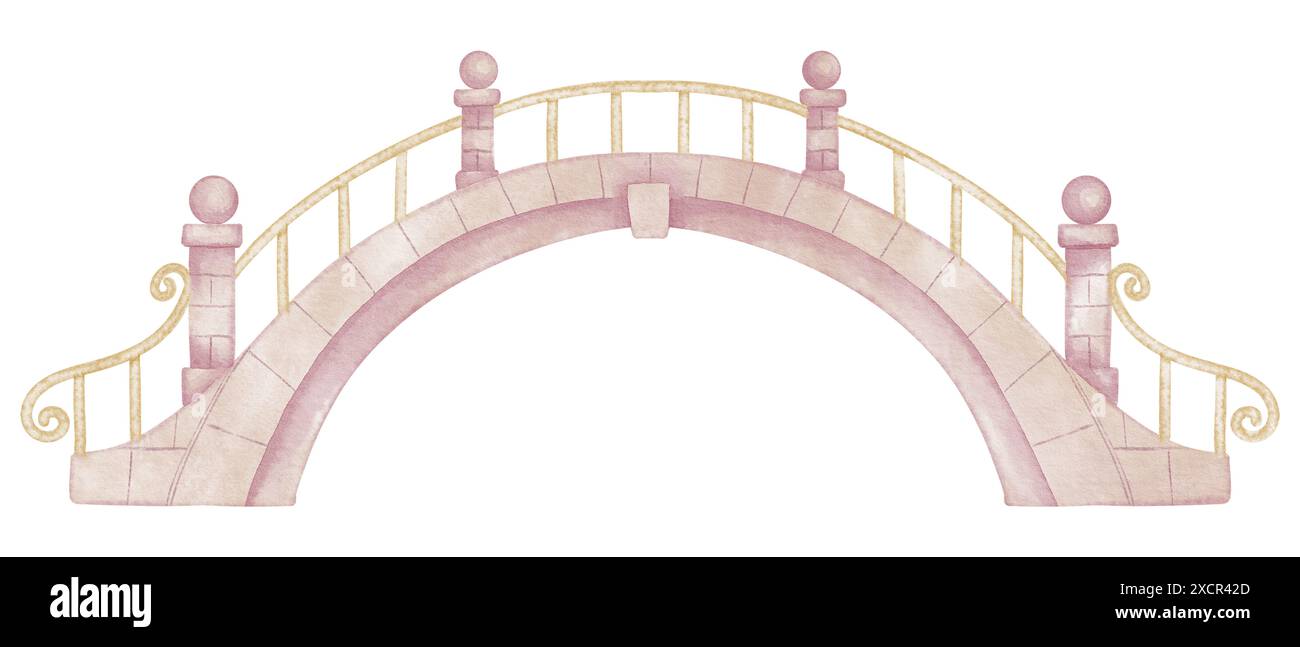 Stone Bridges illustrazione acquerello nei colori rosa pastello e beige per i bambini. Disegno dell'arco delle fiabe per le decorazioni murali dei bambini o per i biglietti di compleanno dei bambini. Un vecchio edificio fantastico per il design delle bambine. Foto Stock