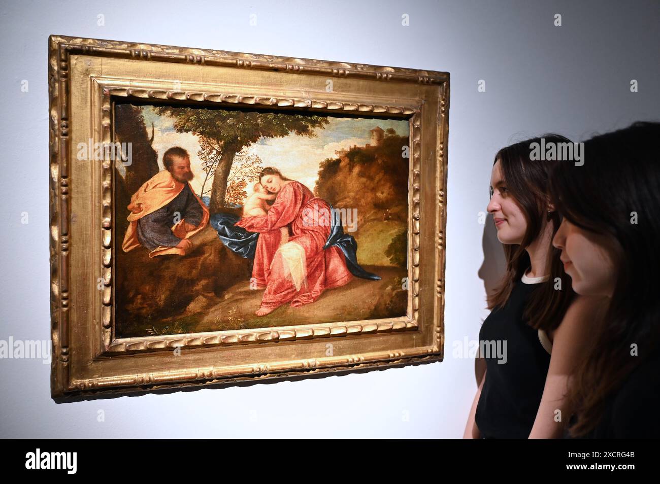 Il primo capolavoro di Tiziano riposa sul volo in Egitto essendo stata di proprietà di duchi, arciduchi e imperatori del Sacro Romano Impero, fu saccheggiata da Napoleone e rubata alla fine del XX secolo offerto da Lord Bath e dai fiduciari Longleat nell’ambito della loro strategia di investimento a lungo termine, il 2 luglio 2024 condurrà la vendita di Christie’s Old Masters Part i a Londra Foto Stock