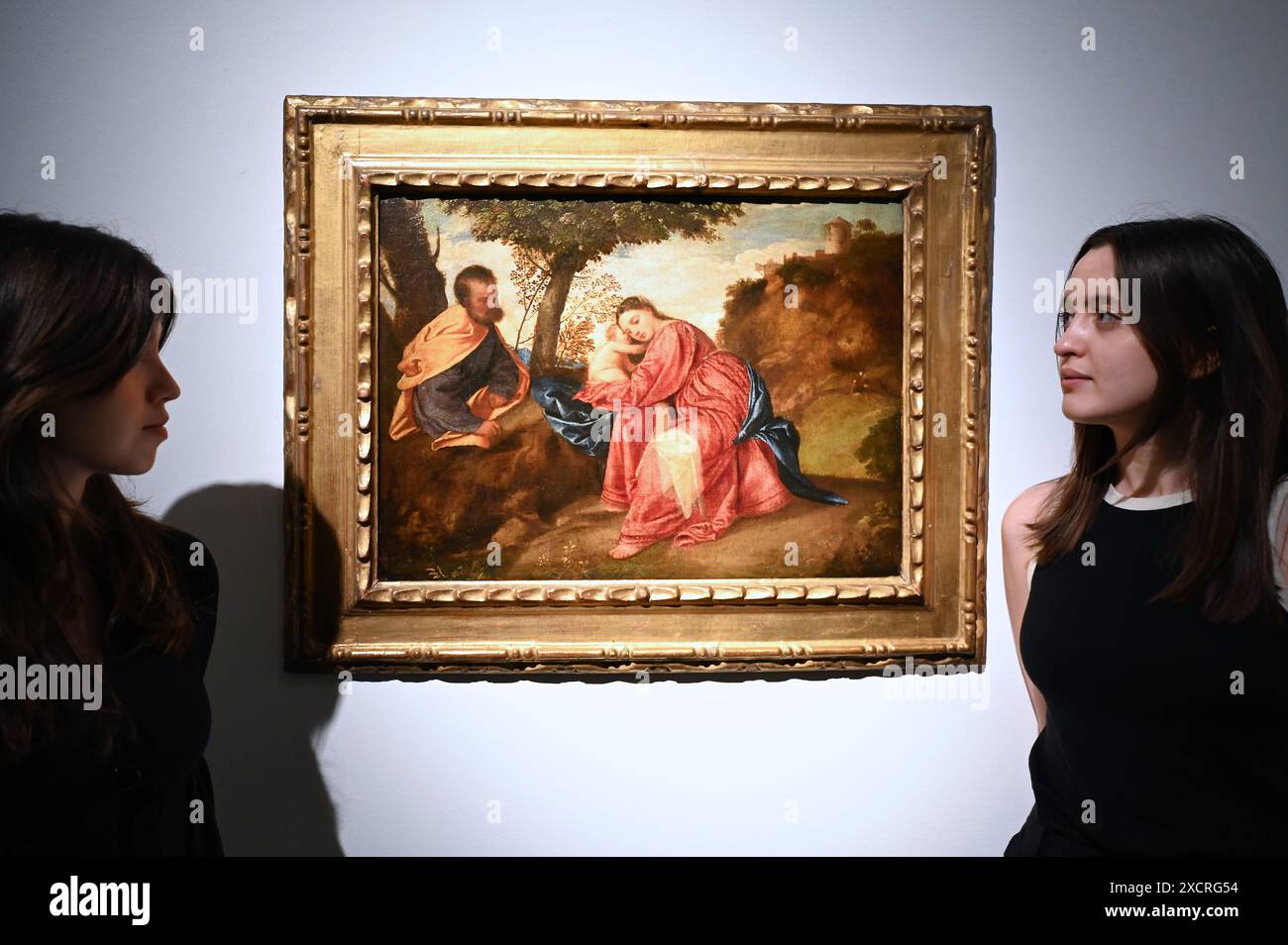 Il primo capolavoro di Tiziano riposa sul volo in Egitto essendo stata di proprietà di duchi, arciduchi e imperatori del Sacro Romano Impero, fu saccheggiata da Napoleone e rubata alla fine del XX secolo offerto da Lord Bath e dai fiduciari Longleat nell’ambito della loro strategia di investimento a lungo termine, il 2 luglio 2024 condurrà la vendita di Christie’s Old Masters Part i a Londra Foto Stock