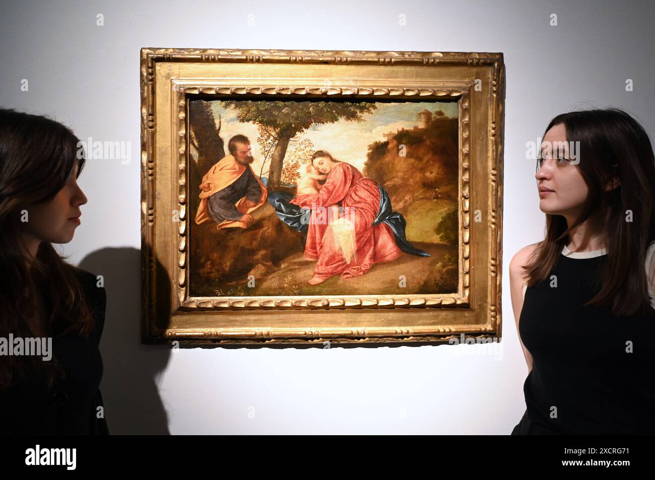 Il primo capolavoro di Tiziano riposa sul volo in Egitto essendo stata di proprietà di duchi, arciduchi e imperatori del Sacro Romano Impero, fu saccheggiata da Napoleone e rubata alla fine del XX secolo offerto da Lord Bath e dai fiduciari Longleat nell’ambito della loro strategia di investimento a lungo termine, il 2 luglio 2024 condurrà la vendita di Christie’s Old Masters Part i a Londra Foto Stock