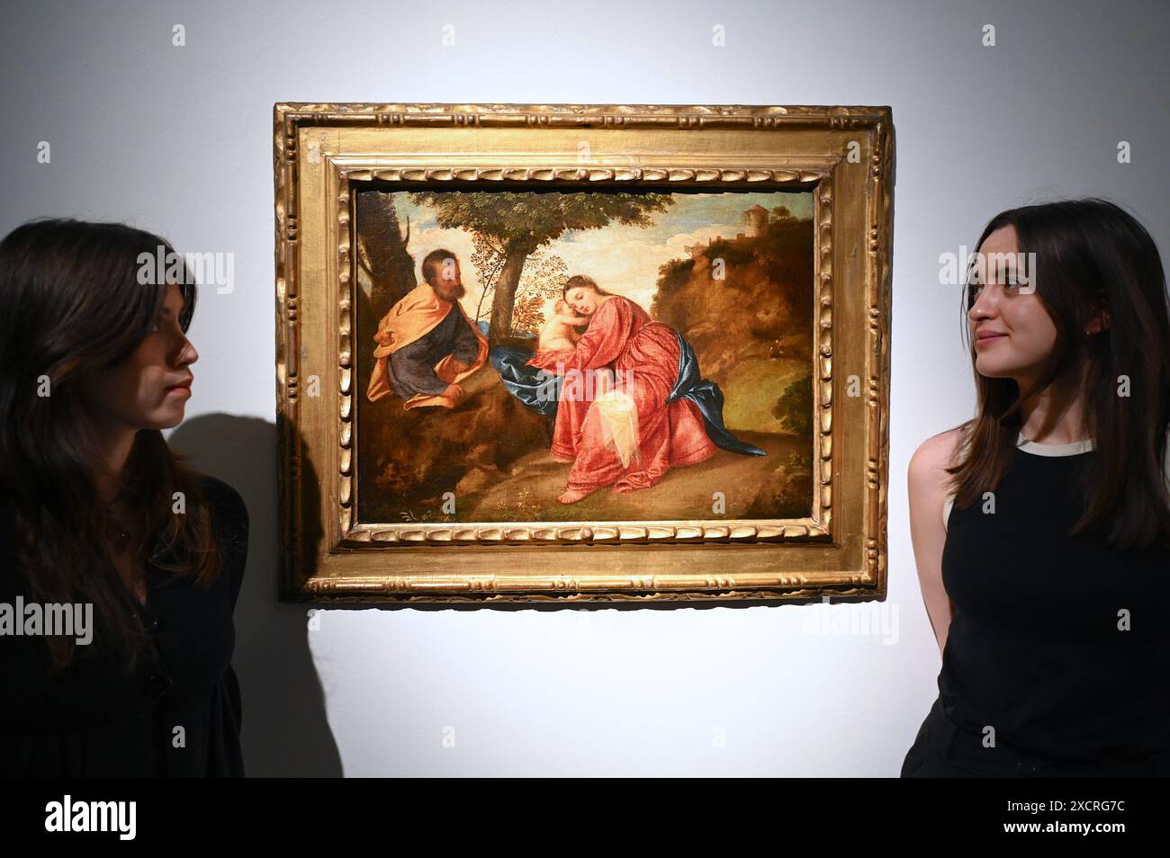 Il primo capolavoro di Tiziano riposa sul volo in Egitto essendo stata di proprietà di duchi, arciduchi e imperatori del Sacro Romano Impero, fu saccheggiata da Napoleone e rubata alla fine del XX secolo offerto da Lord Bath e dai fiduciari Longleat nell’ambito della loro strategia di investimento a lungo termine, il 2 luglio 2024 condurrà la vendita di Christie’s Old Masters Part i a Londra Foto Stock