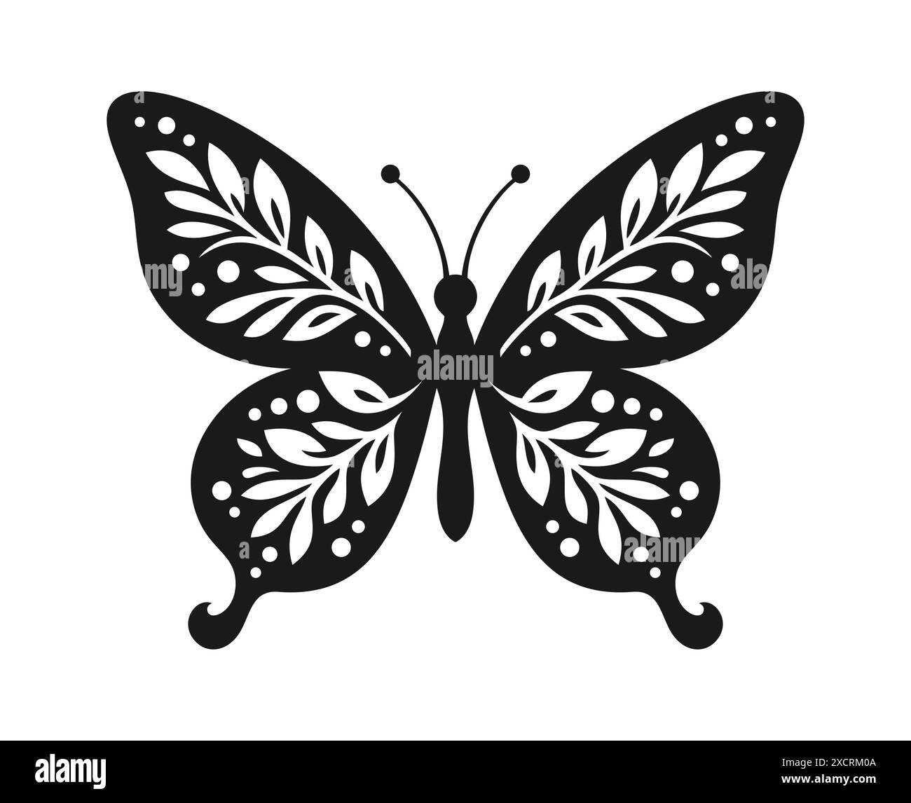 Silhouette nera di una farfalla con un motivo di foglie e cerchi sulle ali, isolata su uno sfondo bianco. Illustrazione vettoriale Illustrazione Vettoriale Silhouette nera di una farfalla con un motivo di foglie e cerchi sulle ali, isolata su uno sfondo bianco. Illustrazione vettoriale Illustrazione Vettoriale