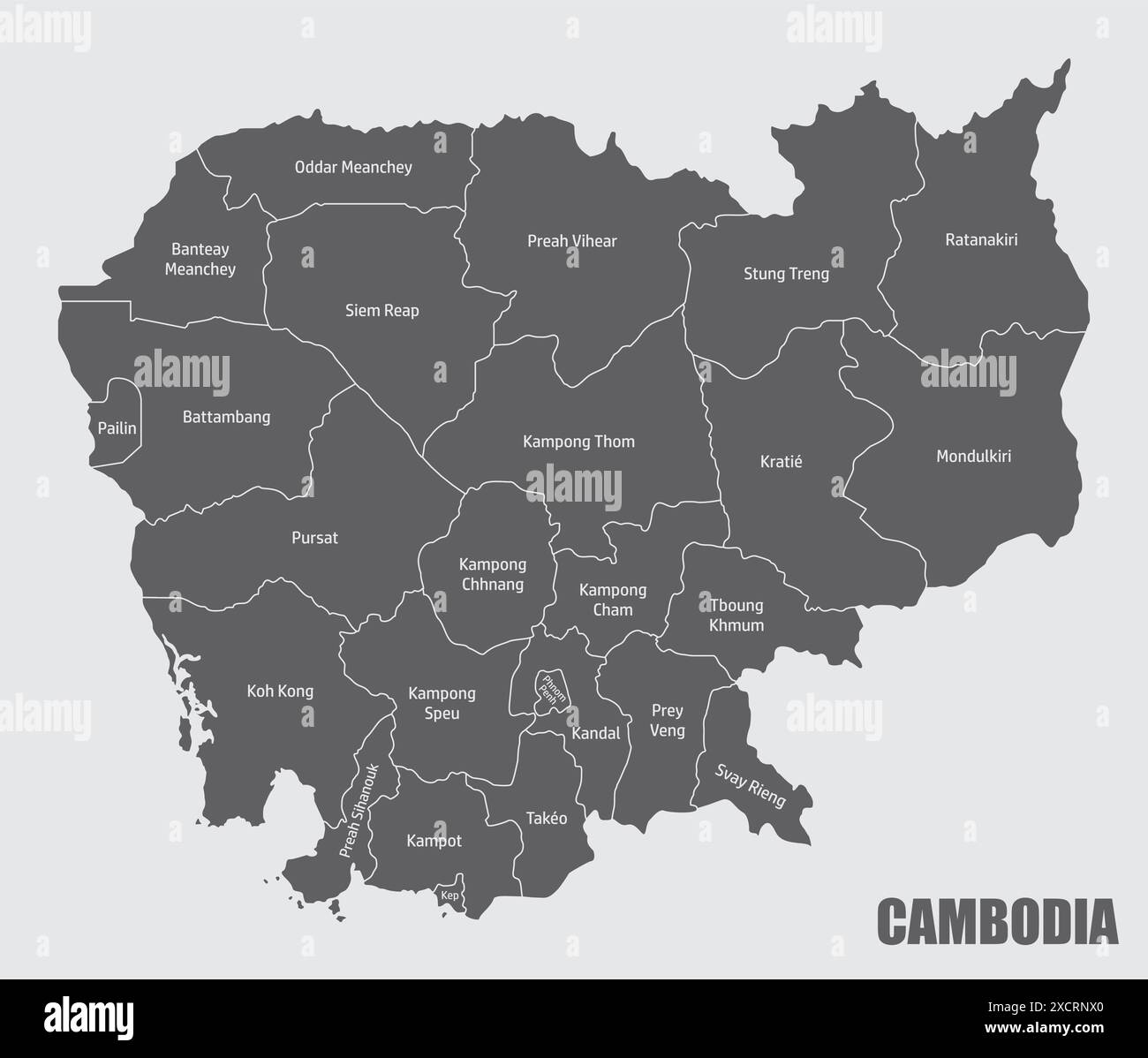 La mappa amministrativa della Cambogia con le etichette Illustrazione Vettoriale