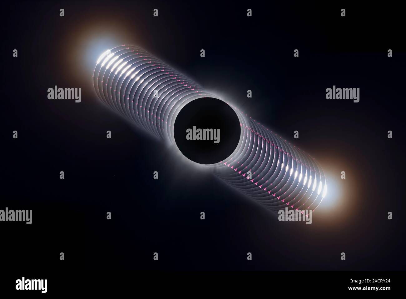 Questo è un composito che mostra la sequenza di eventi che circondano la totalità all'8 aprile 2024 eclissi totale del Sole, da poco prima della totalità (a u Foto Stock