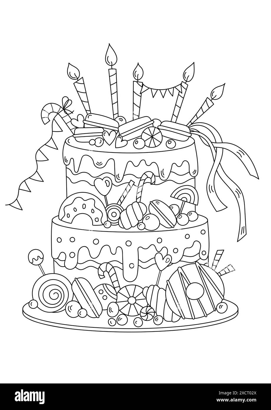 Pagina da colorare per adulti e bambini - torta di compleanno pesantemente decorata Anti-stress Libro colorato Illustrazione Vettoriale