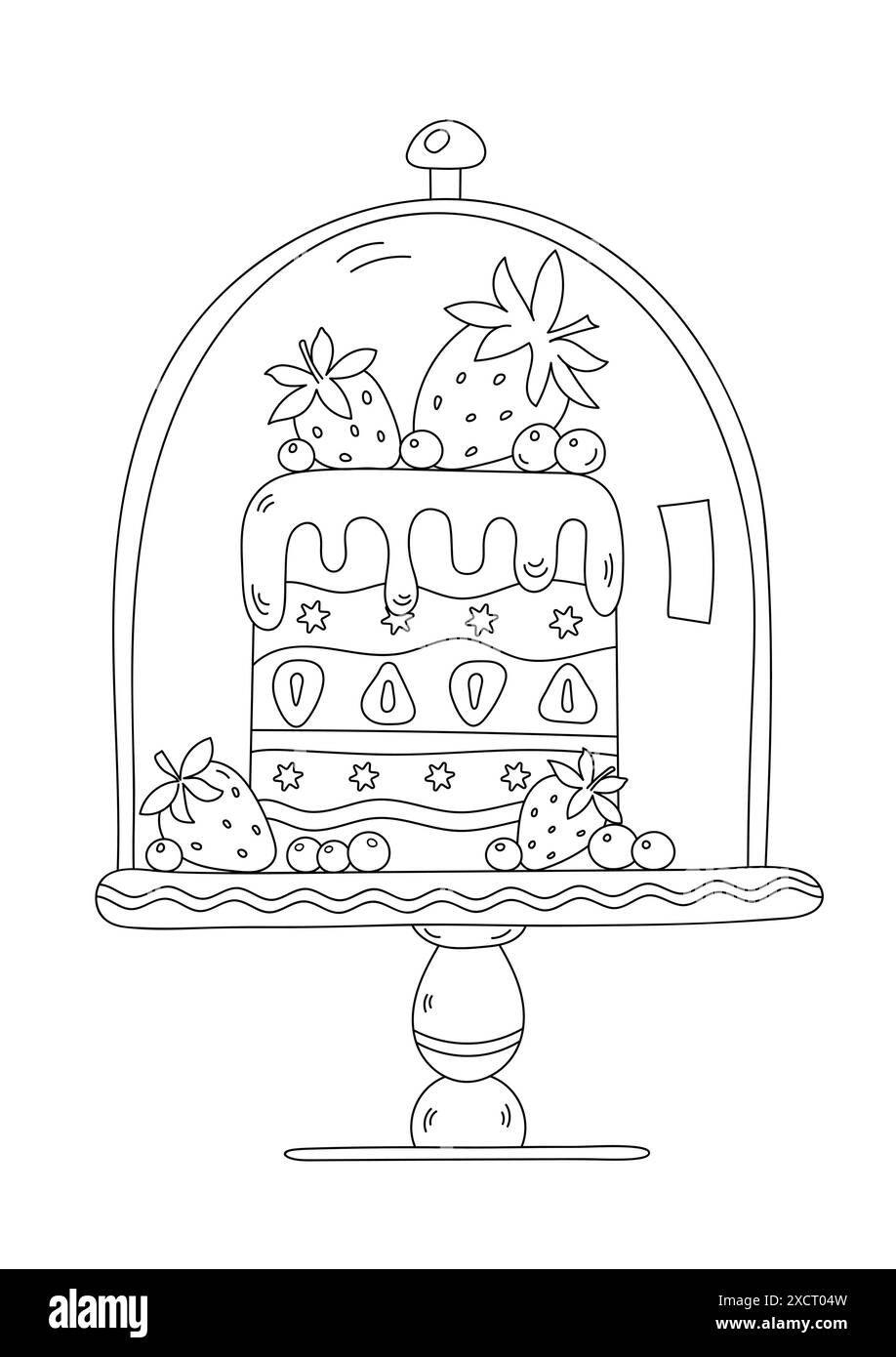 La pagina da colorare per adulti e bambini presenta Una torta su Un piedistallo con Una copertina trasparente, per Un'esperienza da colorare rilassante Illustrazione Vettoriale