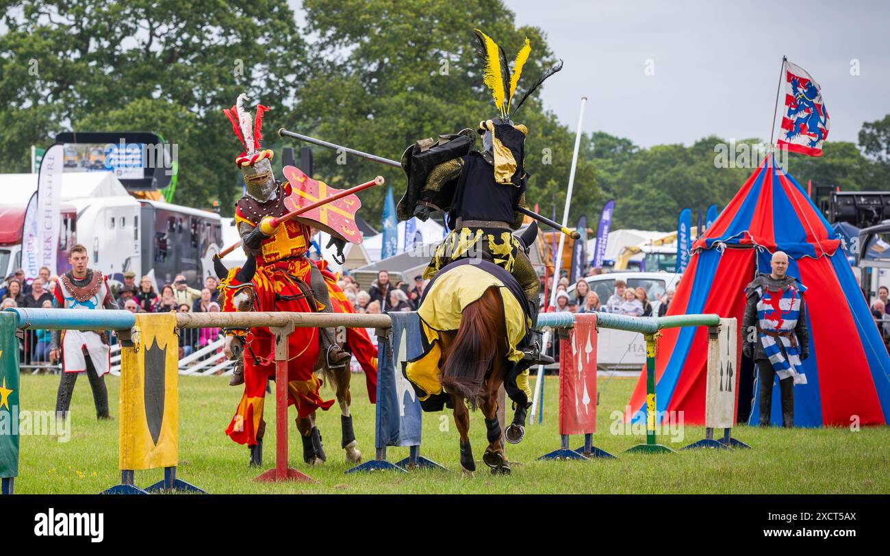 Cheshire Show, Clay House Farm, Flittogate Lane, Knutsford - 18 giugno 2024 - il Royal Cheshire County Show 2024 è uno splendido omaggio all'idilliaca campagna del Cheshire, all'agricoltura, alla deliziosa cucina e al sano intrattenimento per famiglie. Ospita gare di bestiame, eventi equestri, prodotti locali, artigianato e un villaggio gastronomico con dimostrazioni di cucina dal vivo da parte dei migliori chef. I Cavalieri di Nottingham si intrattenevano con giostre e combattimenti. Lo spettacolo ha segnato il suo 185 ° anniversario nell'anno 2023. Crediti: John Hopkins/Alamy Live News Foto Stock