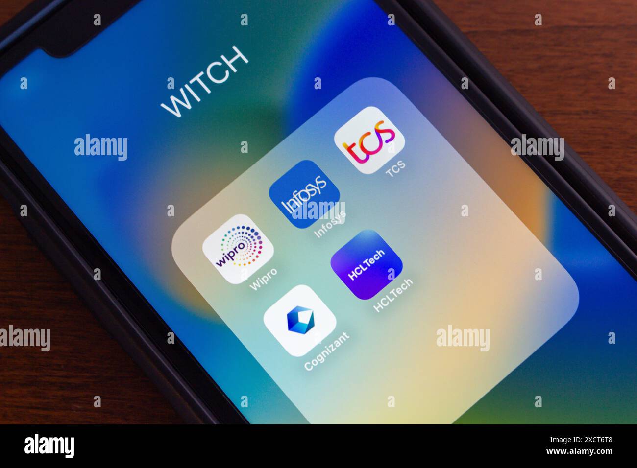 Le principali aziende IT indiane, Wipro, Infosys, Tata Consultancy Services (TCS), Cognizant e HCL Technologies, viste in un iPhone Foto Stock