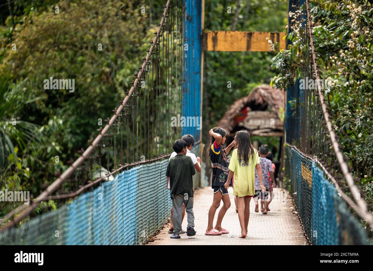 Gruppo di bambini indigeni Wayuri che attraversano un ponte sospeso sul fiume Puyo, sulla strada per il loro villaggio in Ecuador. Questa immagine acquisisce la c Foto Stock