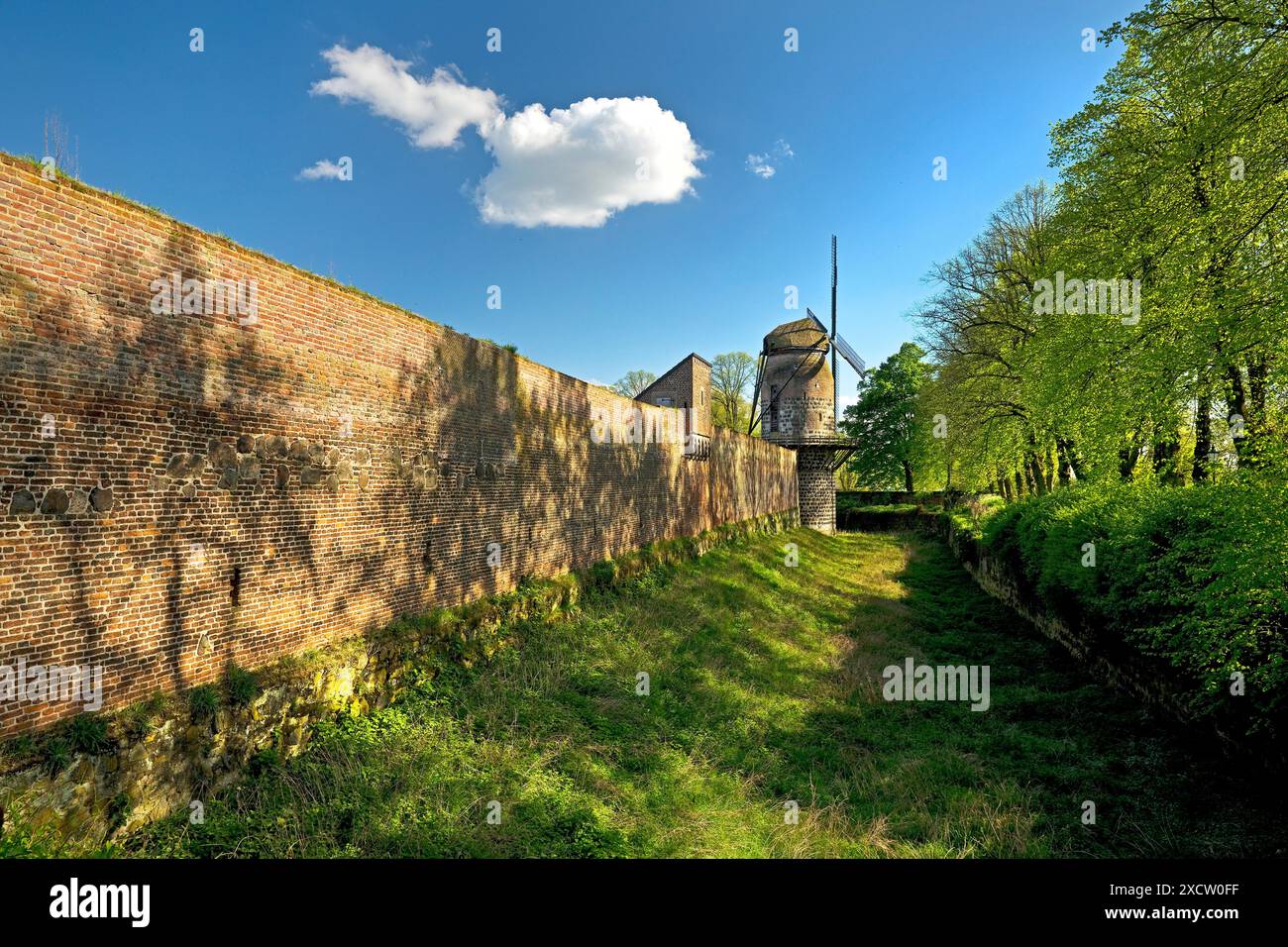 Mura cittadine con la torre del mulino dello storico mulino a vento di Zons, Germania, Renania settentrionale-Vestfalia, bassa Renania, Dormagen Foto Stock