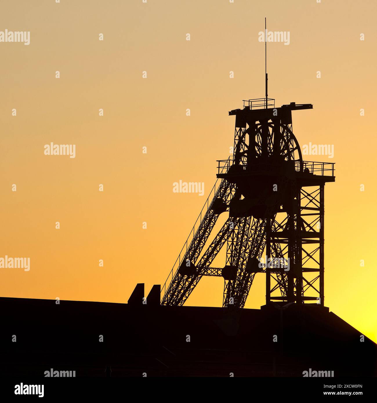 Tomson Bock Pithead all’alba, ex miniera di Gneisenau, Germania, Renania settentrionale-Vestfalia, zona della Ruhr, Dortmund Foto Stock