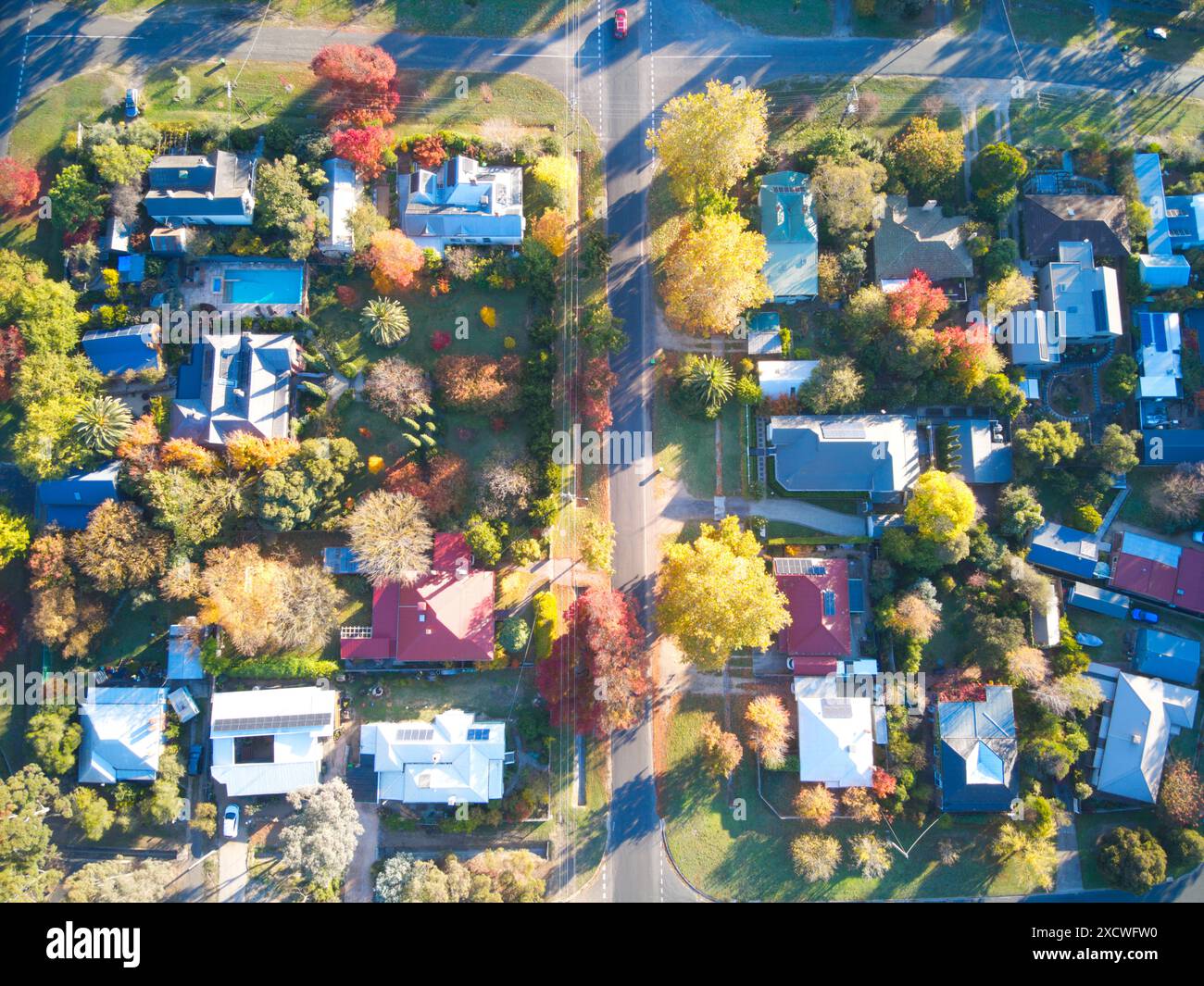 Vista aerea delle case sulla strada dall'alto colori vivaci, cortili, strade e alberi, piccola città australiana, Castlemaine, Victoria. Foto Stock