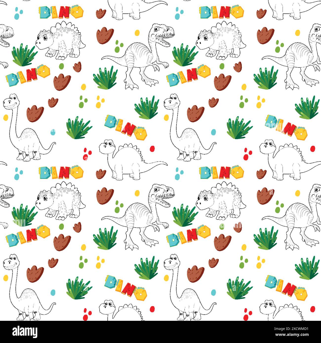 Un divertente design di dinosauro con piante e impronte Illustrazione Vettoriale