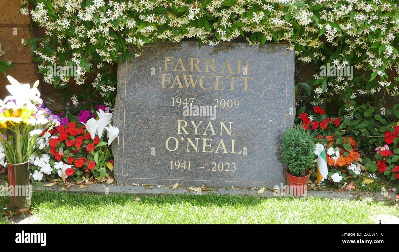 Los Angeles, California, USA 18 giugno 2024 l'attrice Farrah Fawcett e l'attore Ryan OÕNeal Graves al Pierce Brothers Westwood Village Memorial Park il 18 giugno 2024 a Los Angeles, California, USA. Foto di Barry King/Alamy Stock Photo Foto Stock