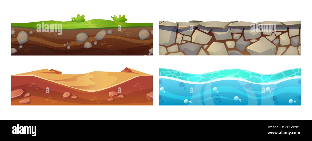 Taglia lo strato di massa per la progettazione della piattaforma dell'interfaccia utente di gioco. Set di vettori cartoon di terreno sotterraneo senza cuciture con erba verde, sabbia nel deserto, superficie ondulata marina o oceanica e strada di ghiaia. Illustrazione Vettoriale