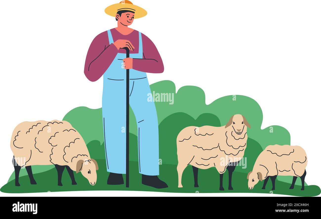Illustrazione Shepherd Tending Sheep Illustrazione Vettoriale Illustrazione Shepherd Tending Sheep Illustrazione Vettoriale