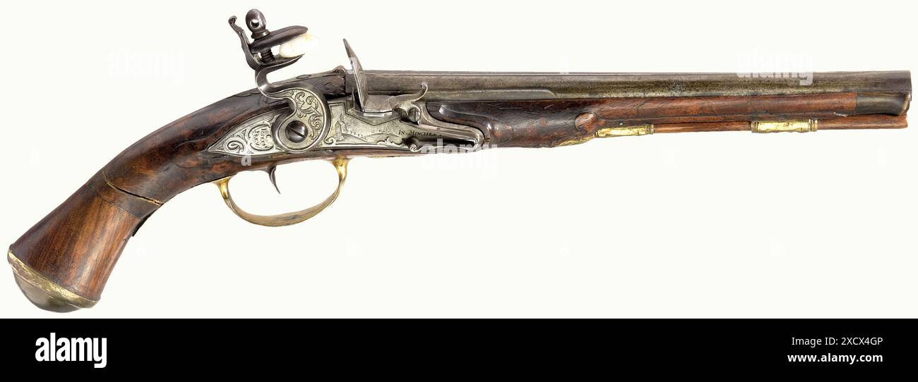 Armi di piccolo calibro, pistole, pistole a pietra focaia, calibro 12,5 mm, Cristopf Josef Frey, Monaco di Baviera, 1730 circa, IMMOBILE Foto Stock