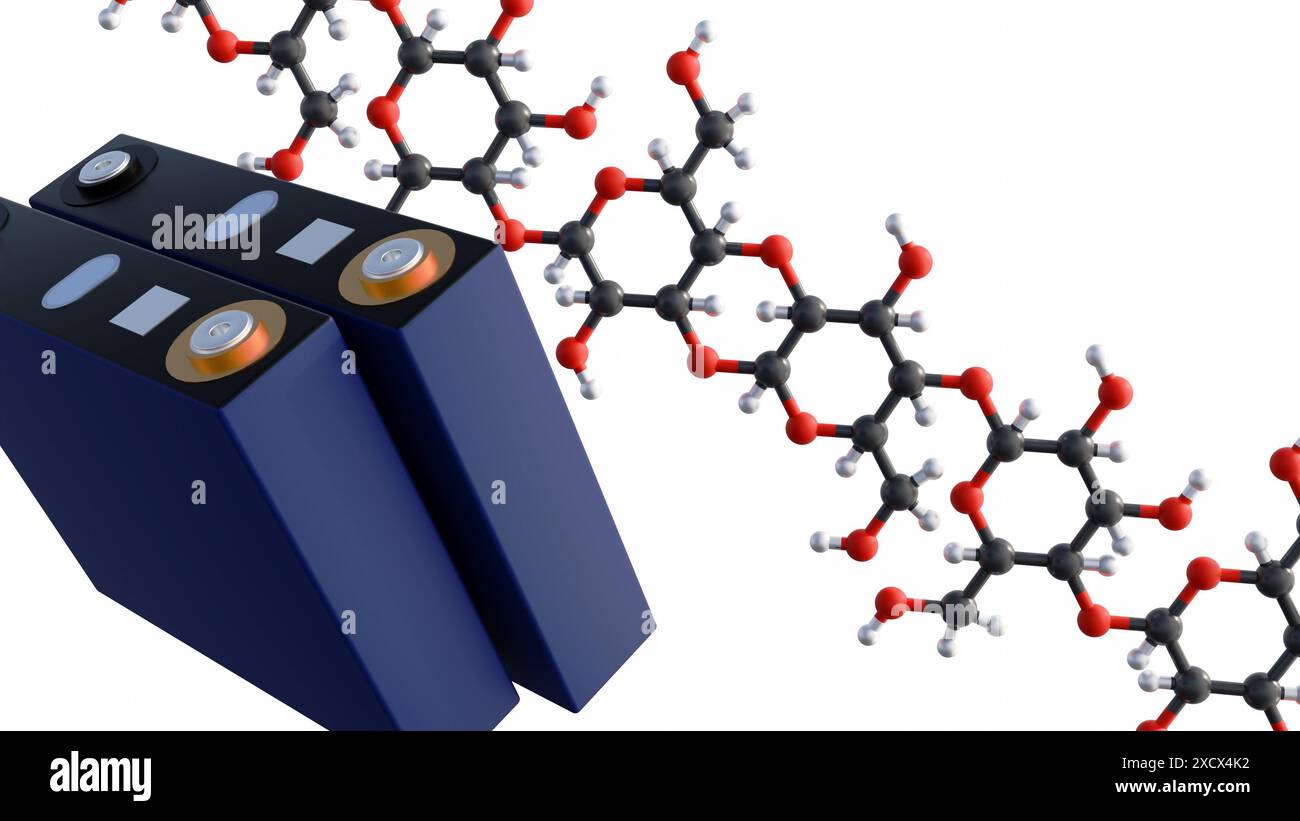 Rendering 3d della batteria prismatica, della batteria rettangolare LFP al fosfato di ioni di litio e delle molecole di maltodestrina come simbolo di biobatteria utilizzando lo zucchero t. Foto Stock