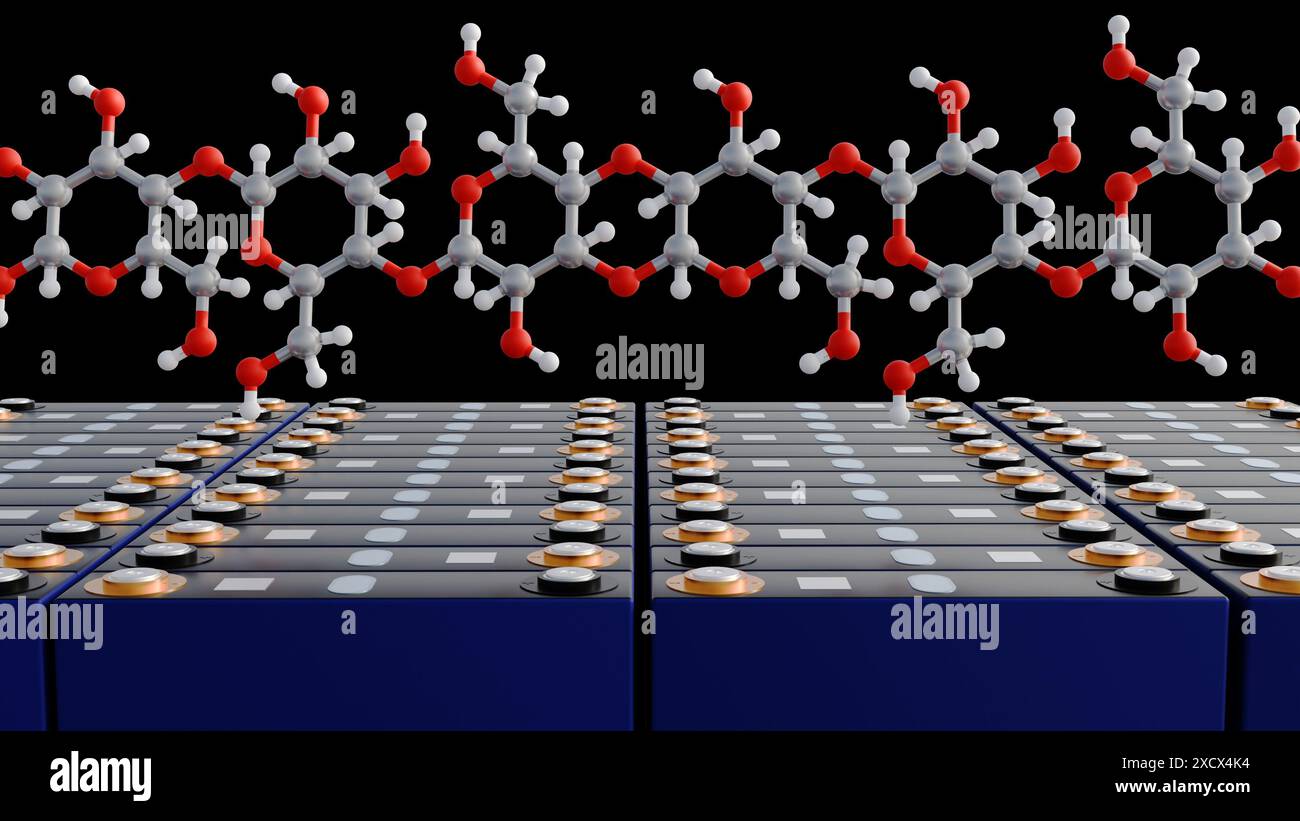 Rendering 3d della batteria prismatica, della batteria rettangolare LFP al fosfato di ioni di litio e delle molecole di maltodestrina come simbolo di biobatteria utilizzando lo zucchero t. Foto Stock