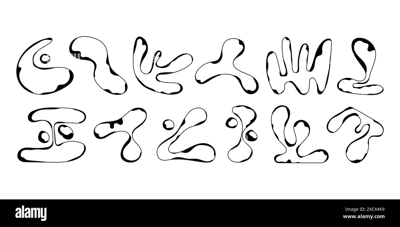 Raccolta di forme liquide astratte di colore nero disegnate a mano. Illustrazione Vettoriale