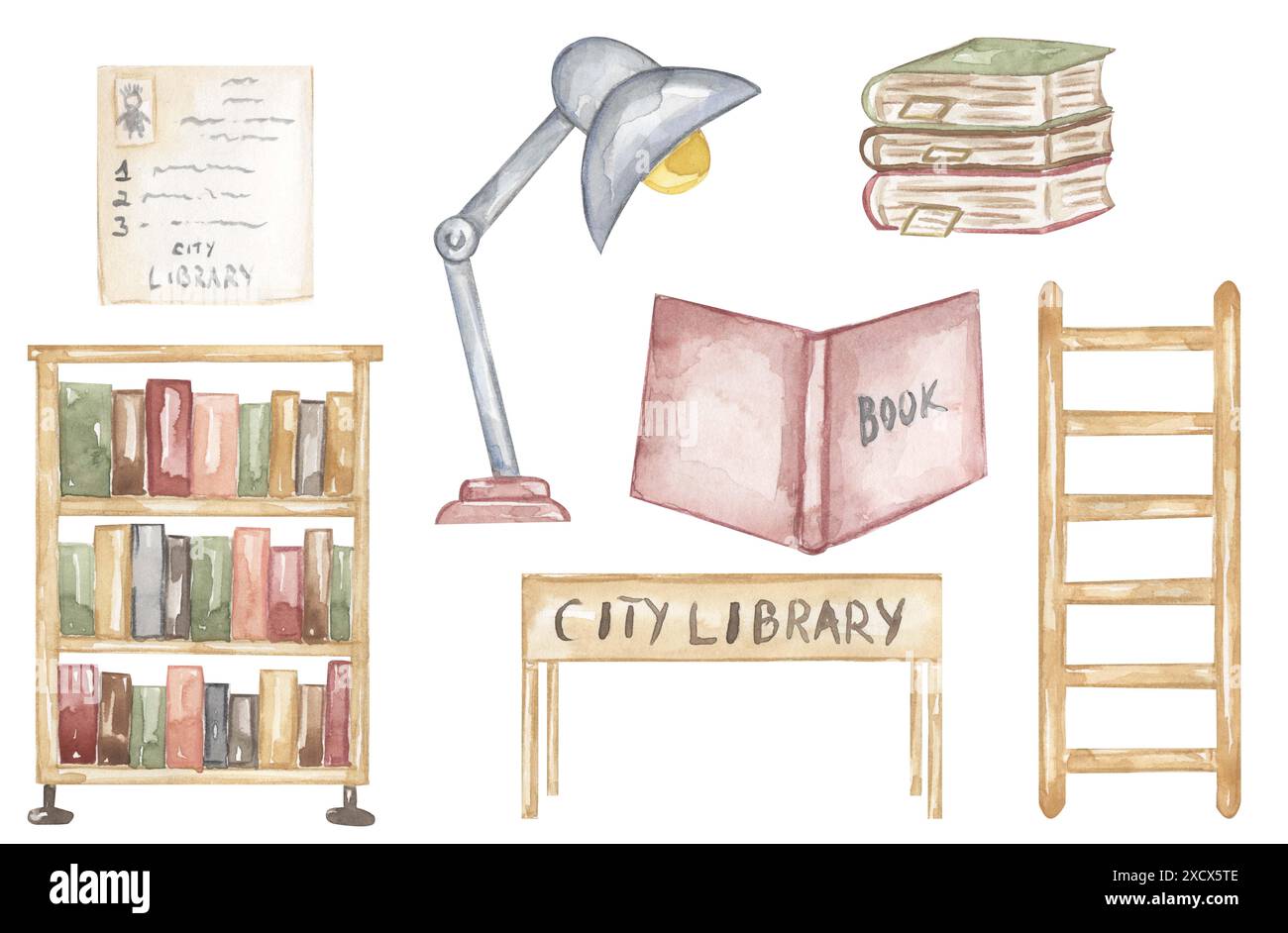 Illustrazione di elementi bibliotecari in acquerello, libri, scaffale, scale, tavolo, scheda libreria e set di clip lampada Foto Stock