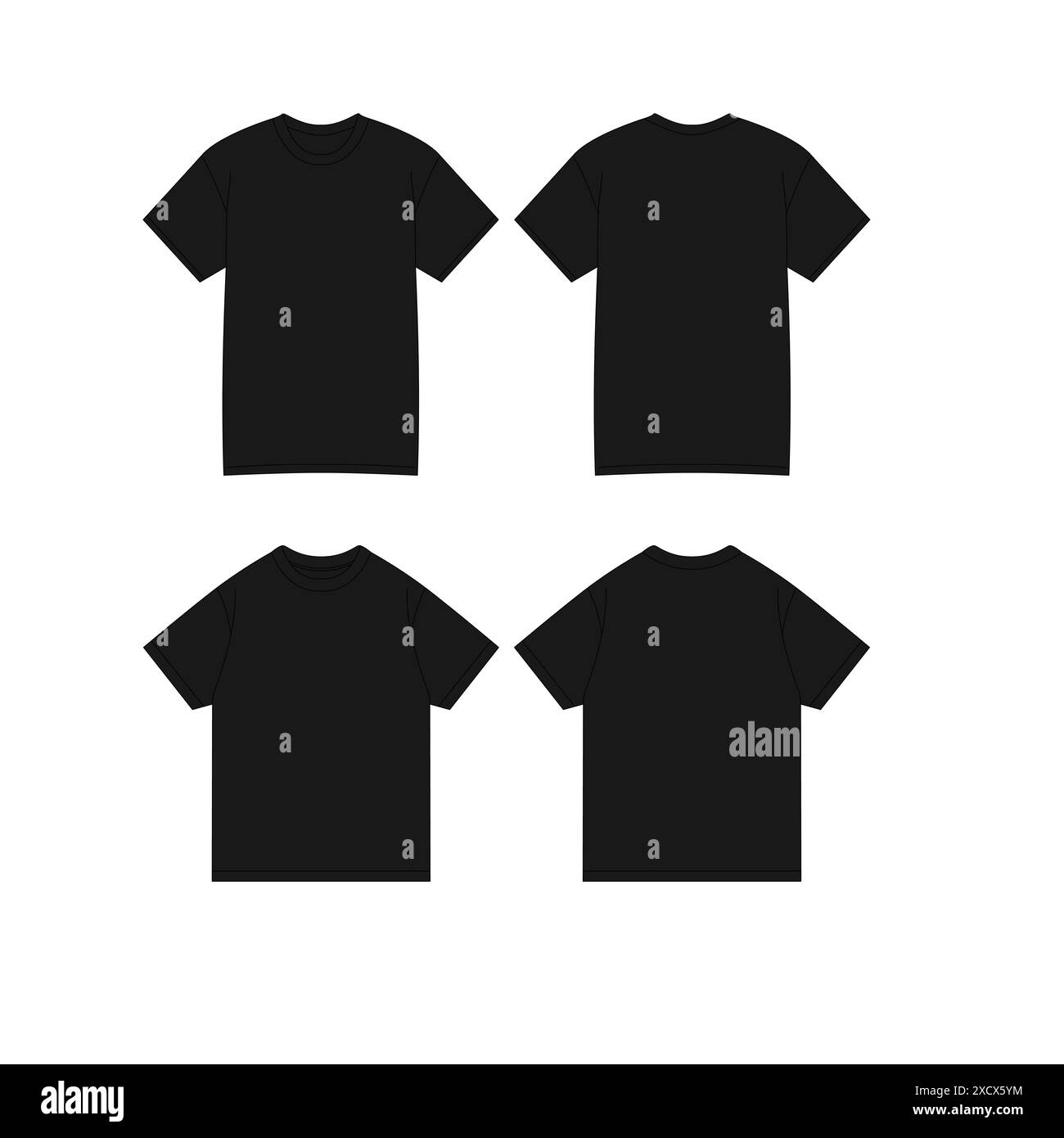 T-shirt nera maschio Set di mockup realistico Vista anteriore posteriore modello di design con stampa in tessuto vuoto abbigliamento moda magliette disegno CAD Vector Tee nera maschio Illustrazione Vettoriale