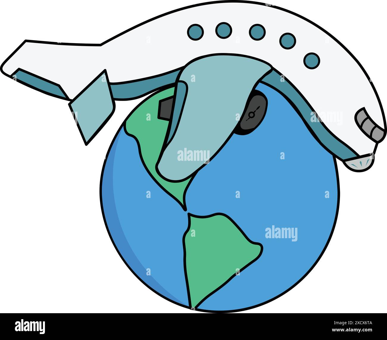 Un aereo cartoni animati bizzarro che giace sulla Terra, che mostra un'illustrazione giocosa e fantasiosa che unisce l'aviazione e i temi del viaggio globale Illustrazione Vettoriale