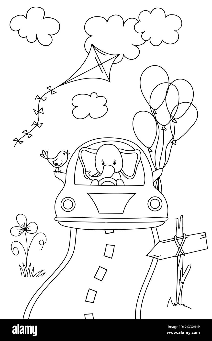 Elefante alla guida di Un'auto in Un giorno d'estate. È Una pagina da colorare per la creatività dei bambini Illustrazione Vettoriale
