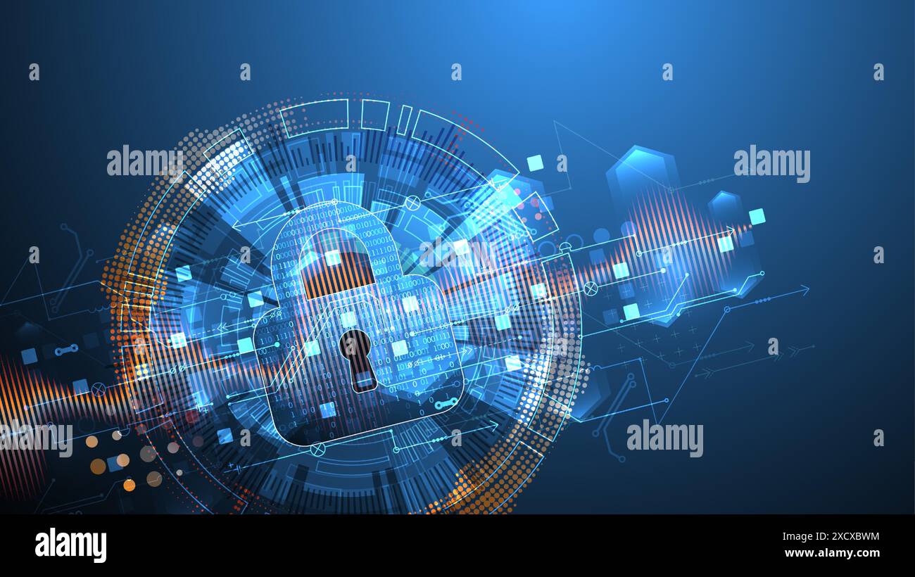 Sfondo digitale sicuro. Riservatezza virtuale, protezione della programmazione. Vettore disegnato a mano. Illustrazione Vettoriale