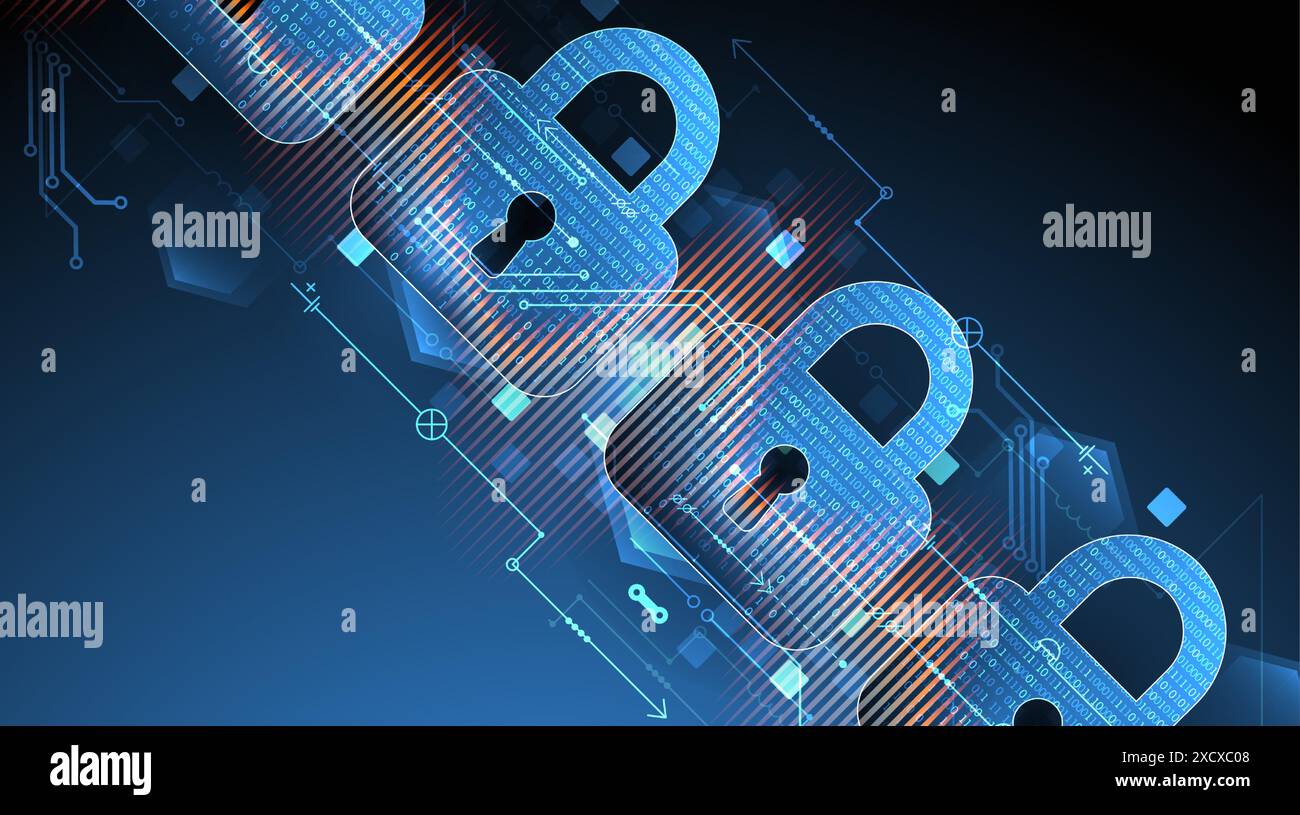 Sfondo digitale sicuro. Riservatezza virtuale, protezione della programmazione. Vettore disegnato a mano. Illustrazione Vettoriale