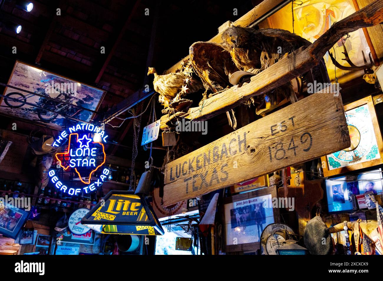 Interno del bar all'interno del grande magazzino di Luckenbach, Texas, Stati Uniti Foto Stock