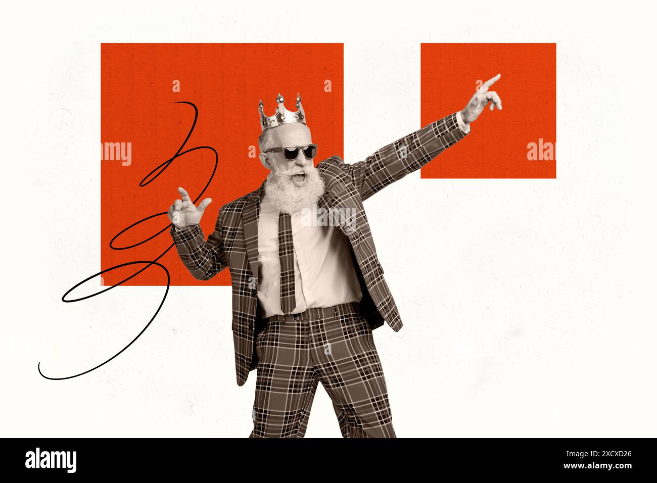 Collage fotografico composito di un uomo felice dai capelli grigi indossa una tuta a plaid, ballo, incoronazione, re della corona isolato su sfondo dipinto Foto Stock