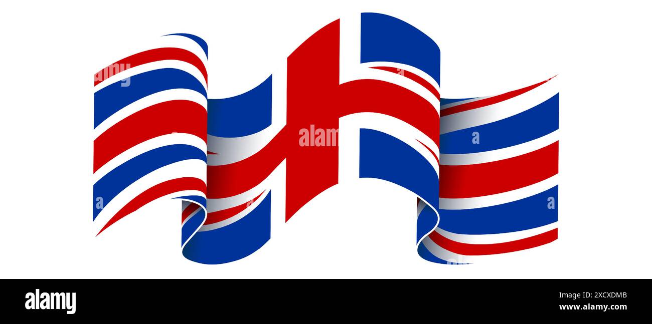 Una bandiera britannica ondeggiante su sfondo bianco. Striscione con bandiera del Regno Unito ondulata. Colori RGB: Rosso, blu, bianco. Illustrazione vettoriale. Illustrazione Vettoriale