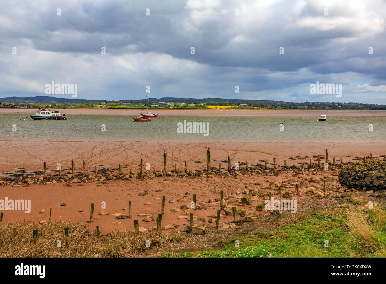 I pali di legno in decadenza segnano i resti di ex moli sul fiume exe a Turf Lock, dove il canale Exeter si unisce al fiume, Devon, Inghilterra, Regno Unito Foto Stock