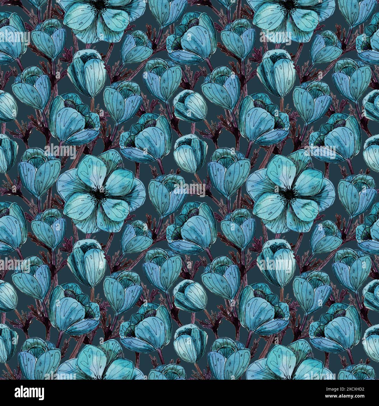 Motivo di fiori di anemone blu acquerello. Fiori ciano dipinti a mano su sfondo scuro. Design floreale estivo per l'invito a un matrimonio, salva il cartellino con la data Foto Stock