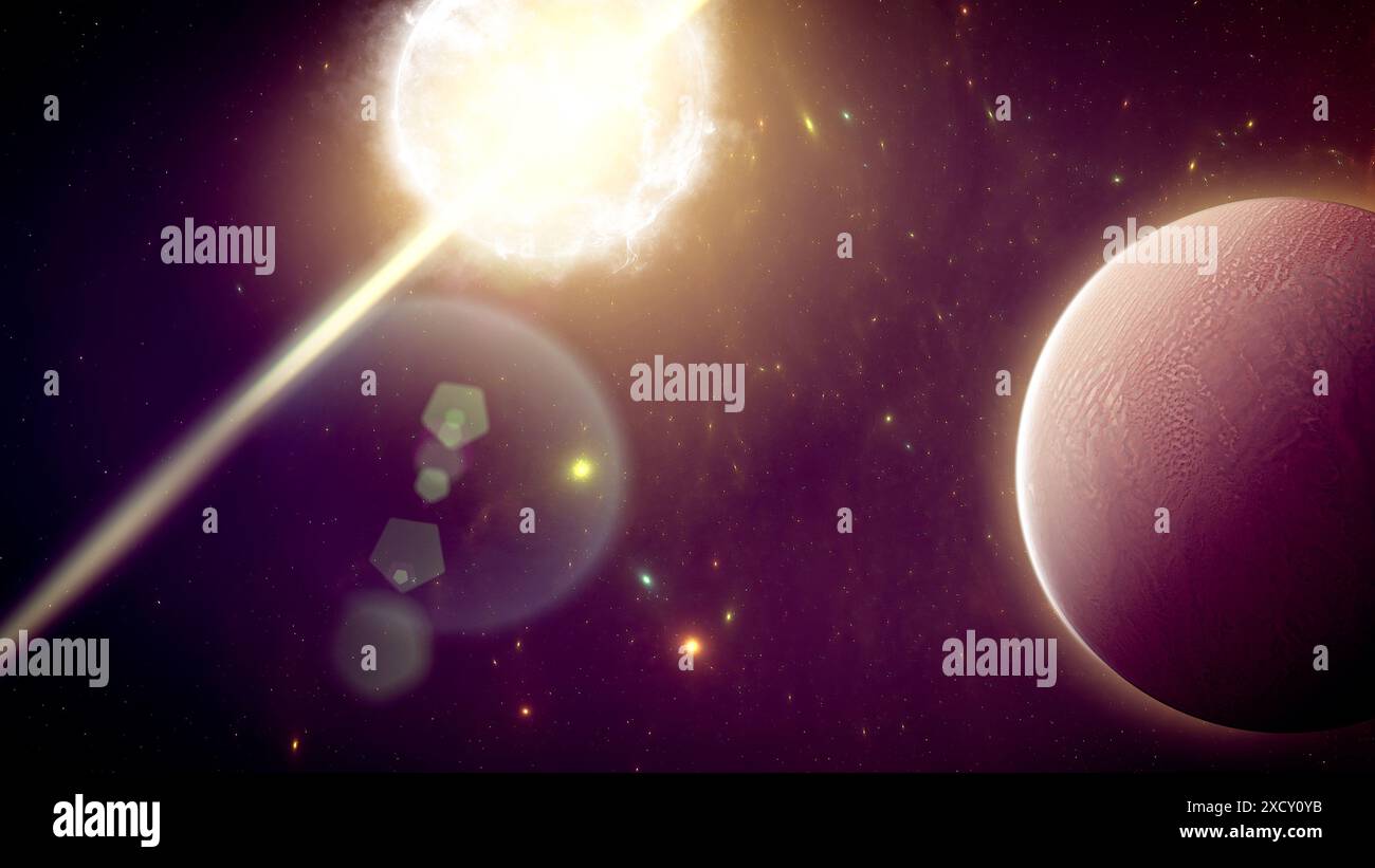 Sole da un'altra galassia ed esopianeti, stelle e pianeti da universi lontani. rendering 3d. Foto Stock
