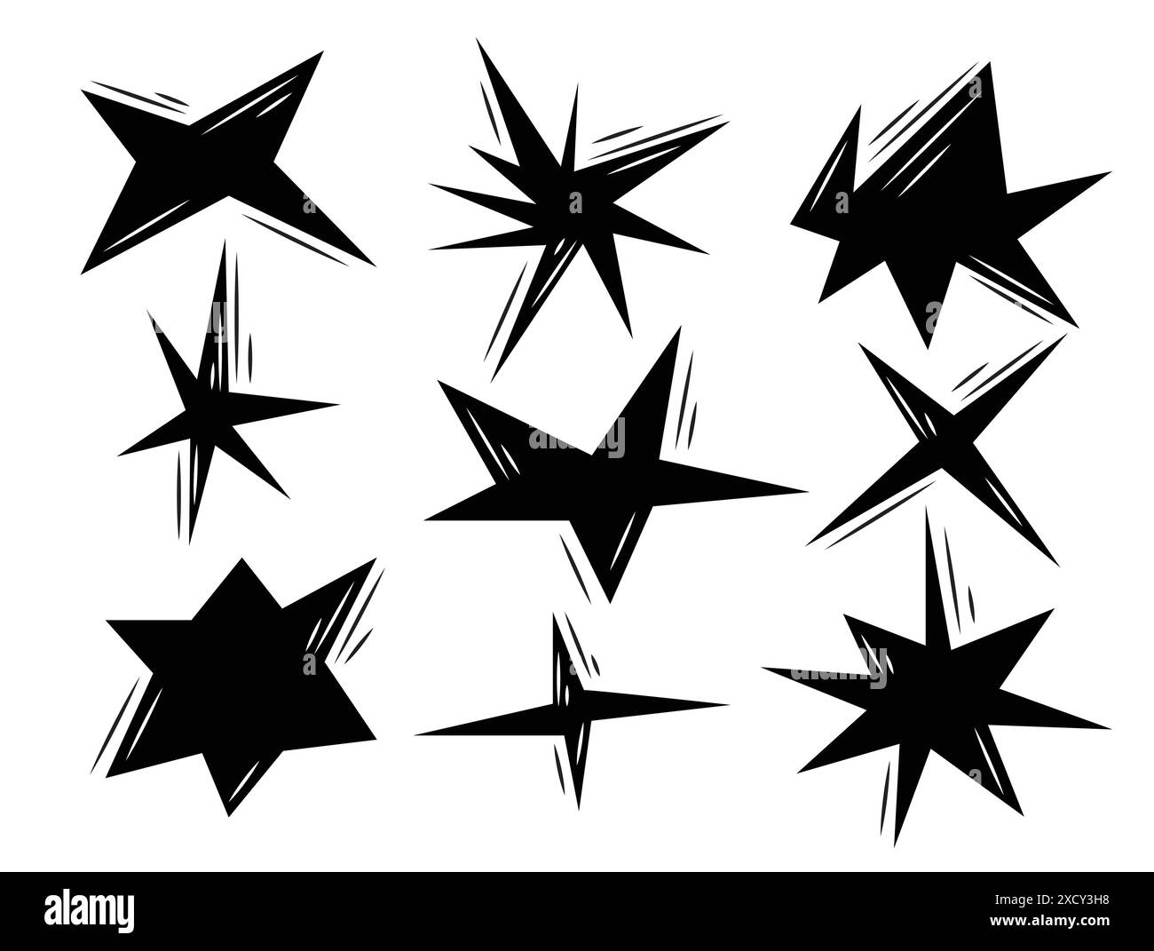 Set vettoriale di stelle e poligoni di forme e dimensioni diverse. Simboli neri su sfondo bianco. Elementi di progettazione Illustrazione Vettoriale