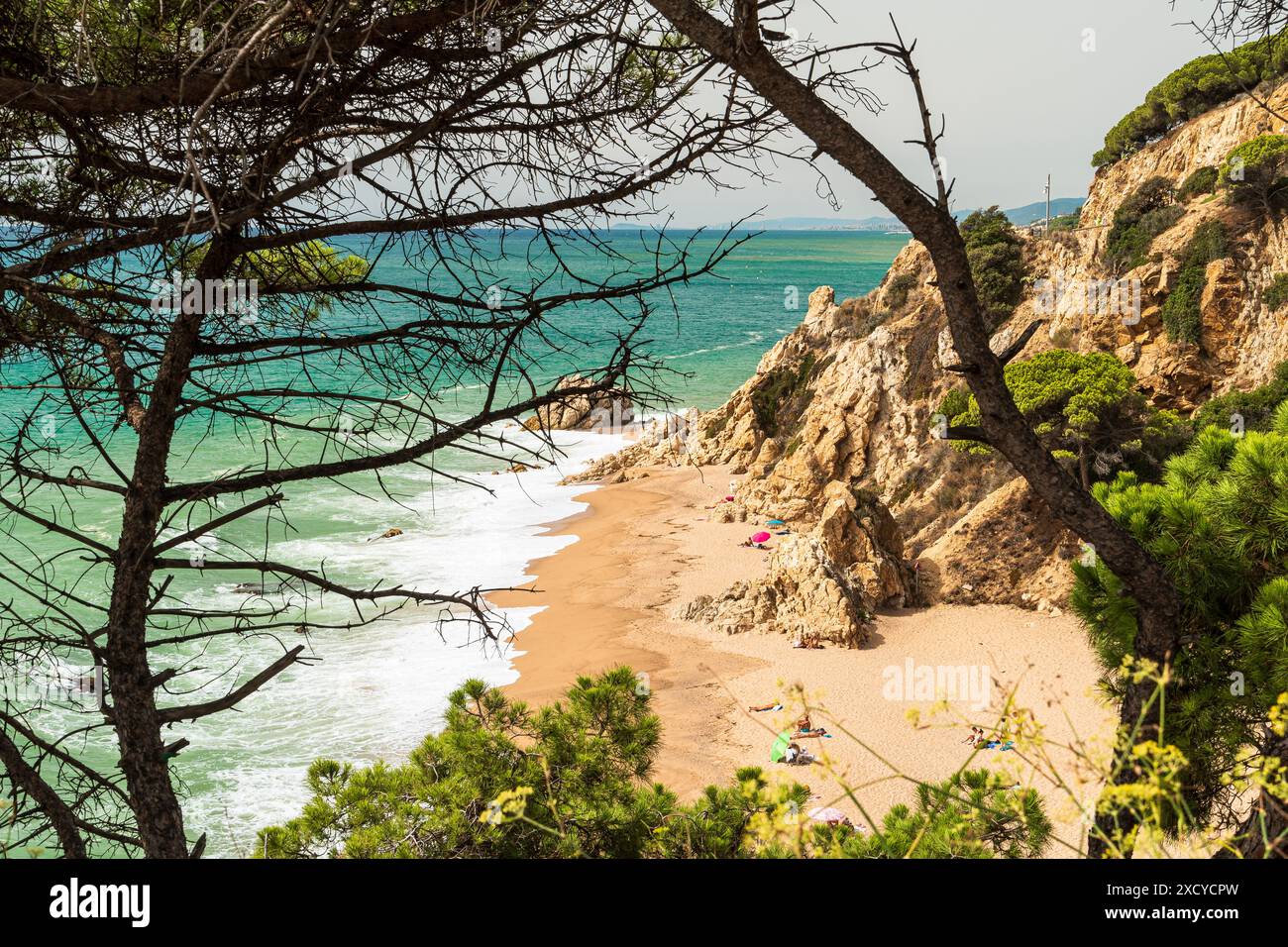 Spiaggia di Roca Pins a Calella. Una spiaggia pittoresca tra le rocce. Costa mediterranea in Spagna. Costa del Maresme. Spiaggia vicino a Barcellona Foto Stock