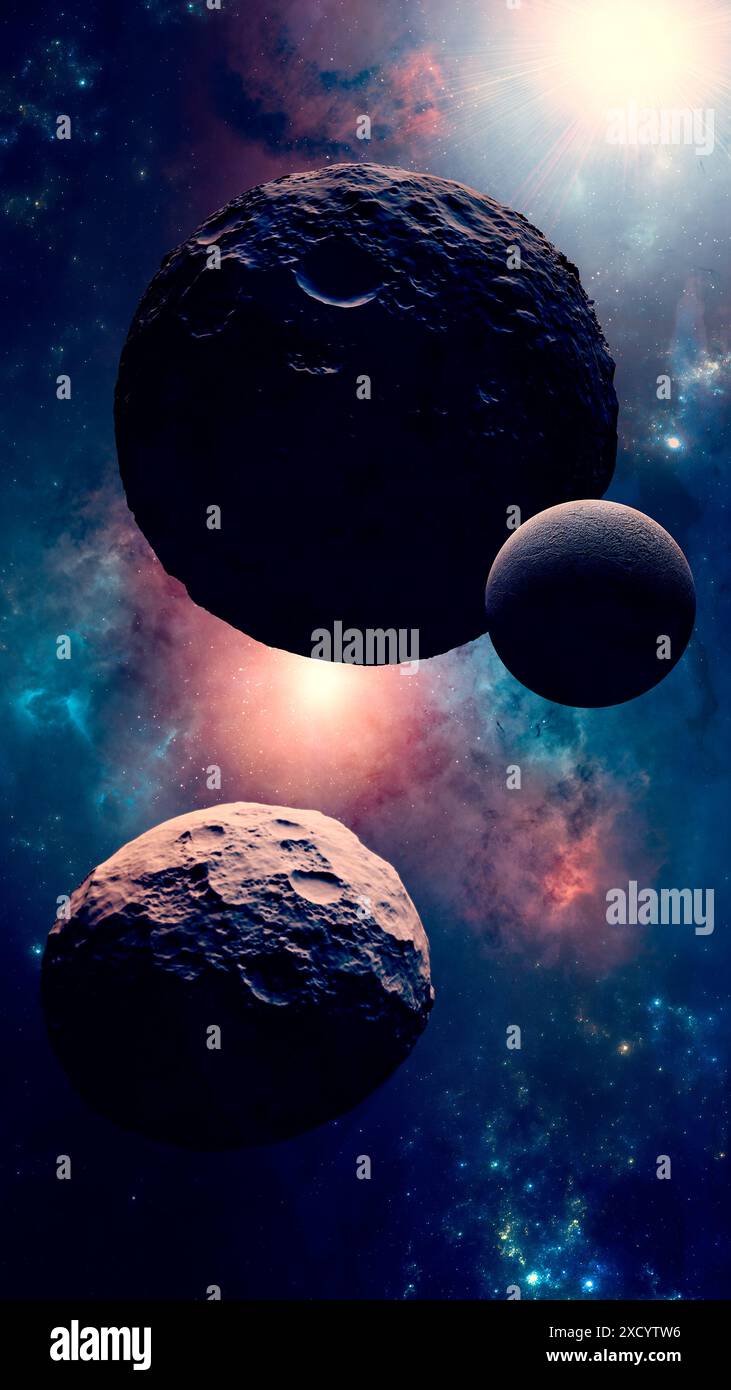 Sole da un'altra galassia ed esopianeti, stelle e pianeti da universi lontani. rendering 3d. Foto Stock