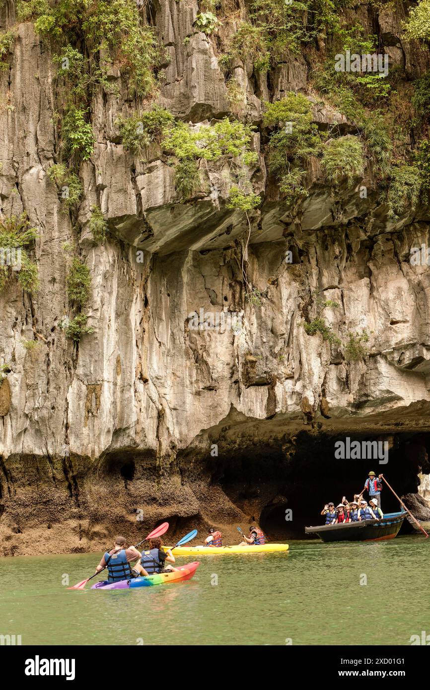 Splendido parco giochi per gite in barca e kayak a Hang Luon Cave, Hạ Long Bay, ha Long Bay, Vịnh Hạ Long, Vietnam del Nord. Affascinante, sorprendente, mozzafiato Foto Stock