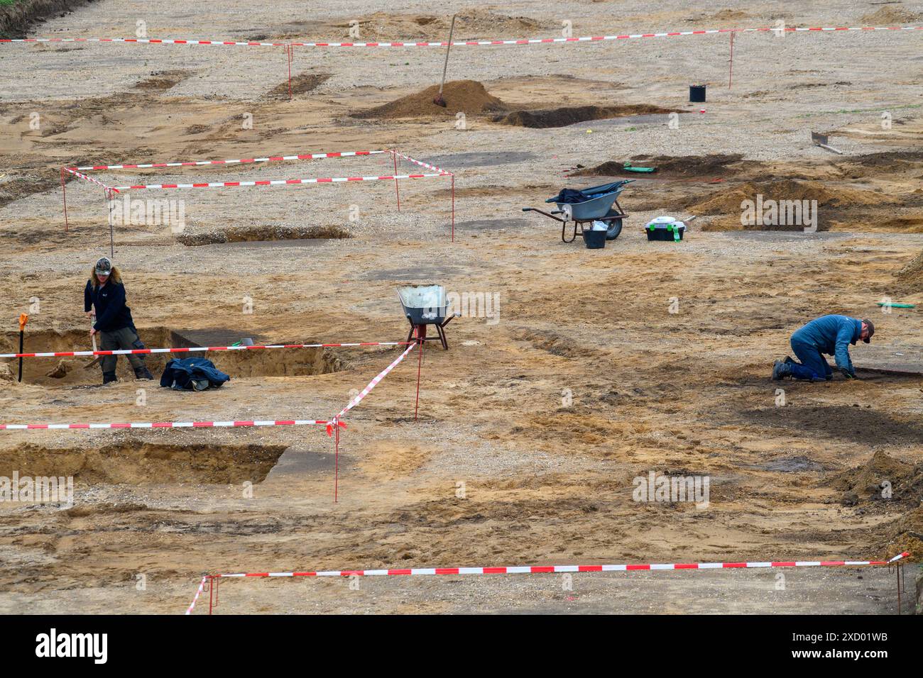 19 giugno 2024, Sassonia-Anhalt, Pömmelte: Gli archeologi dell'Ufficio statale Sassonia-Anhalt per la conservazione dei monumenti e dell'archeologia stanno scavando un'area vicino al santuario dell'anello. Gli archeologi sono stati in grado di trovare prove di pozzi di stoccaggio e di una casa di riposo lì. Si ritiene che la navata sia stata costruita lì tra il 2400 e il 2200 a.C. Ciò significa che l'edificio è stato costruito contemporaneamente al santuario dell'anello. Gli archeologi avevano studiato le aree adiacenti a nord-est e nord-ovest del santuario dell'anello al fine di comprendere appieno il paesaggio rituale e di insediamento Foto Stock