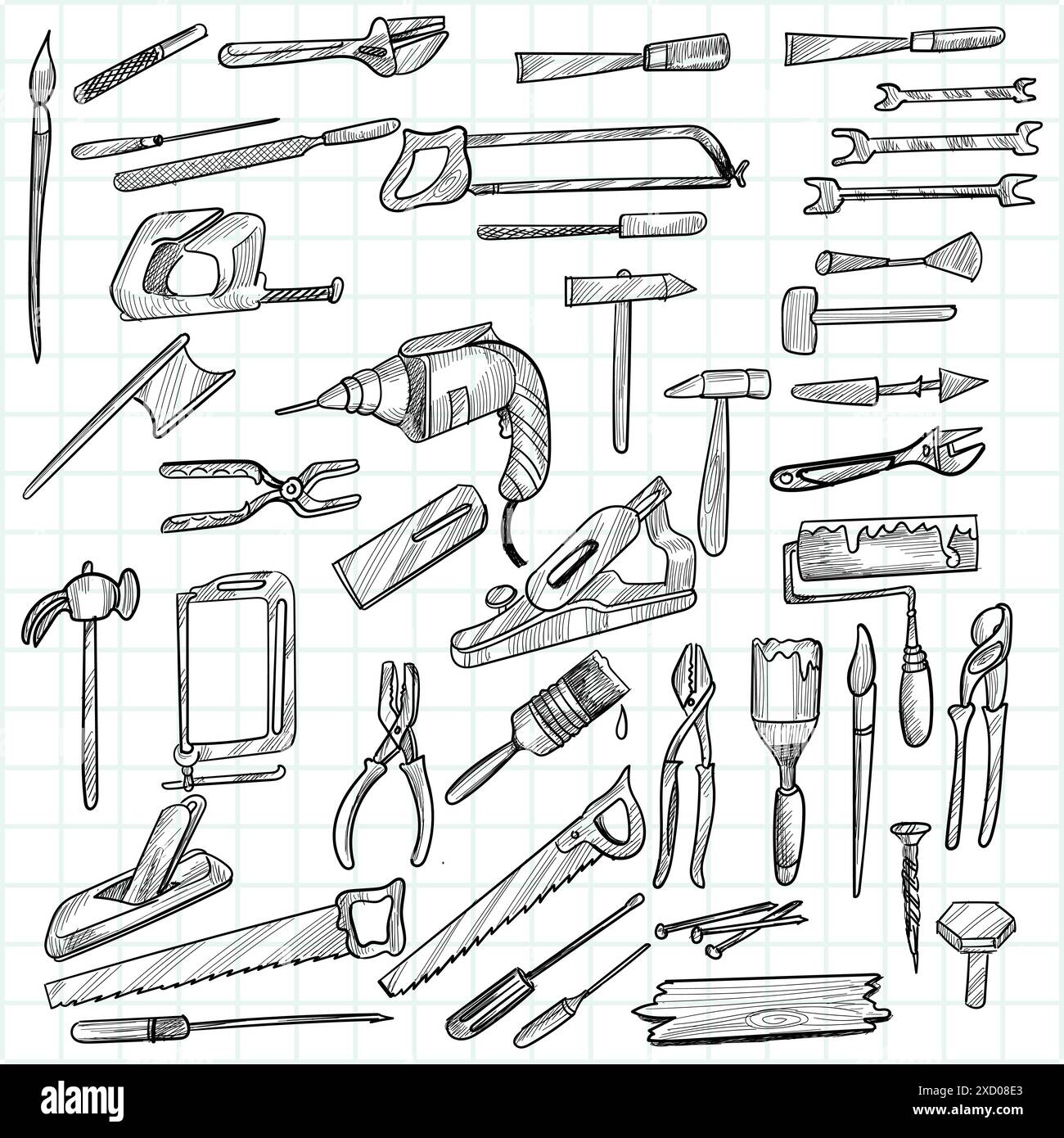 Set di schizzi con strumenti da costruzione a disegno manuale Illustrazione Vettoriale